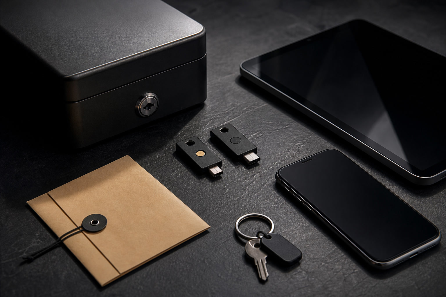 Password manager workspace with creator accounts, recovery notes, and device security checklist