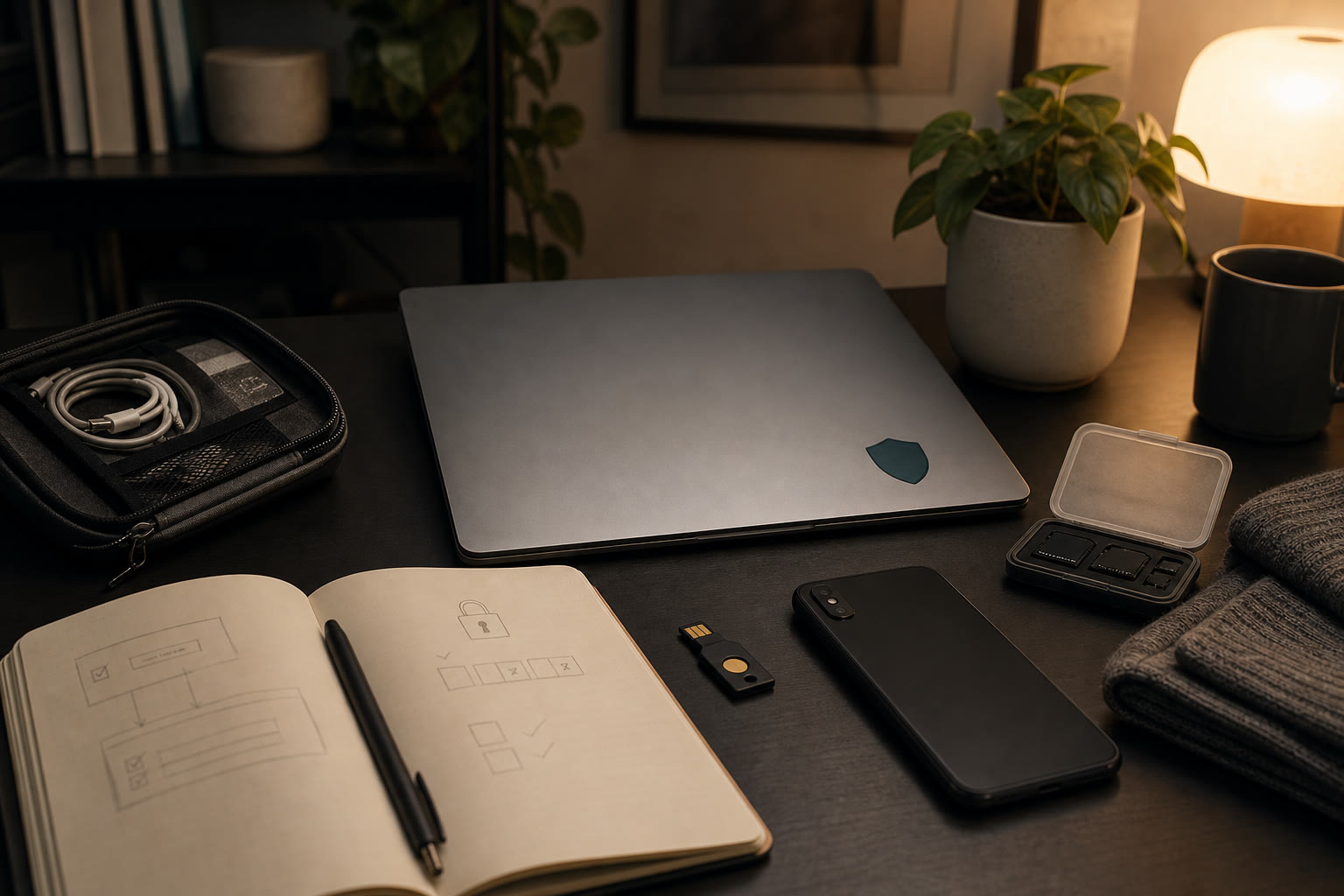 Creator device security desk with laptop, phone, warning prompt, and backup notes