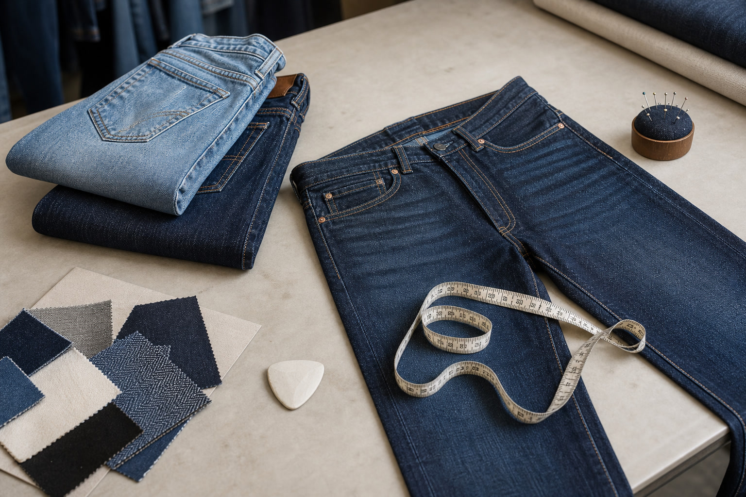 Folded denim jeans with measuring tape, size notes, and fabric swatches