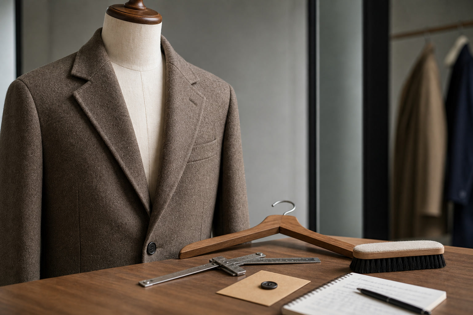 Investment-piece checklist with fabric swatches, receipt, and tailor tape