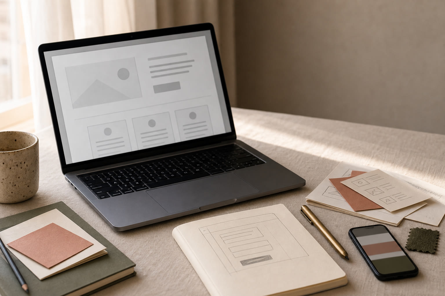 Landing page planning desk with email signup wireframe, analytics notes, and launch checklist