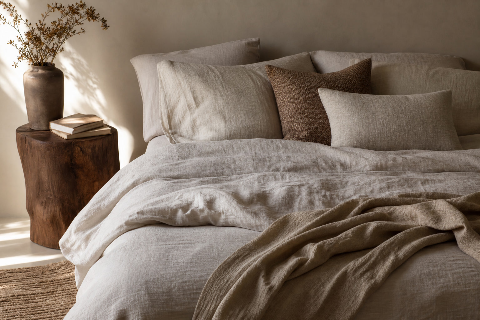 Linen bedding layers with pillow texture, care tag, and bedside book