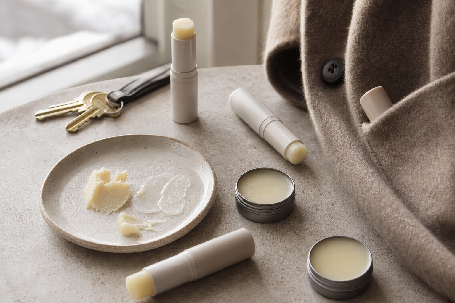 Lip balm tubes with texture swatches and small handbag essentials