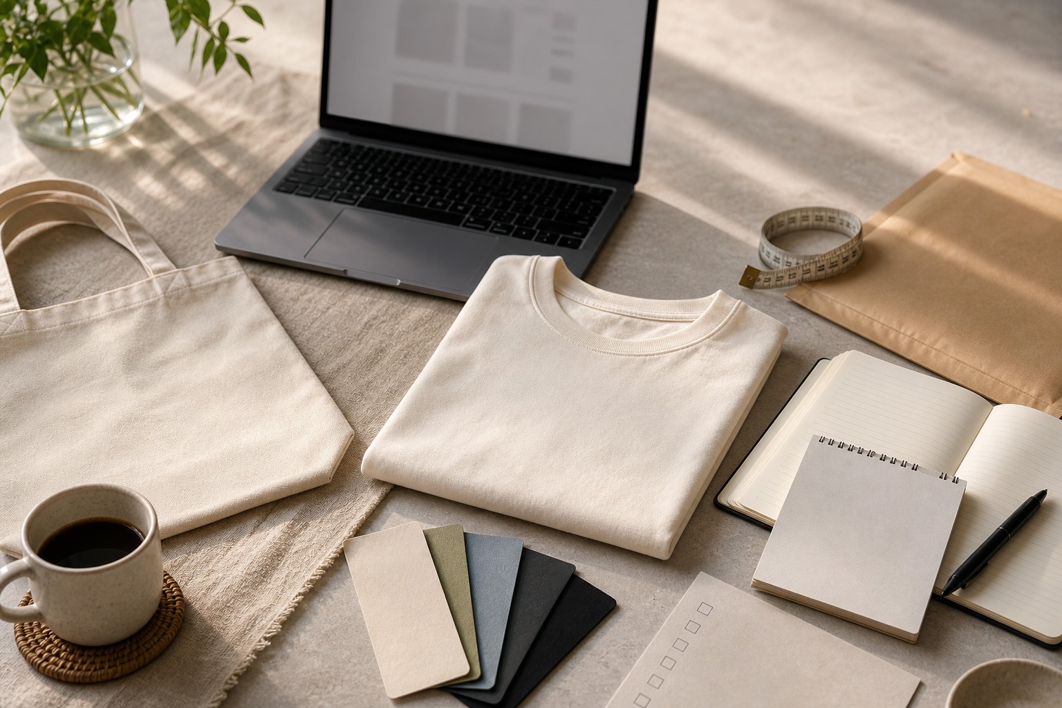Creator merch planning table with sample shirts, print notes, margin calculator, and shipping checklist