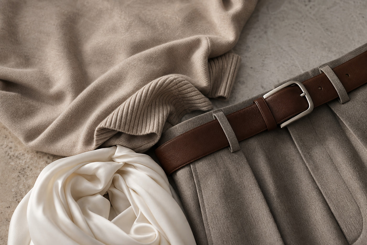Neutral outfit details with knit texture, leather belt, and unbranded hardware