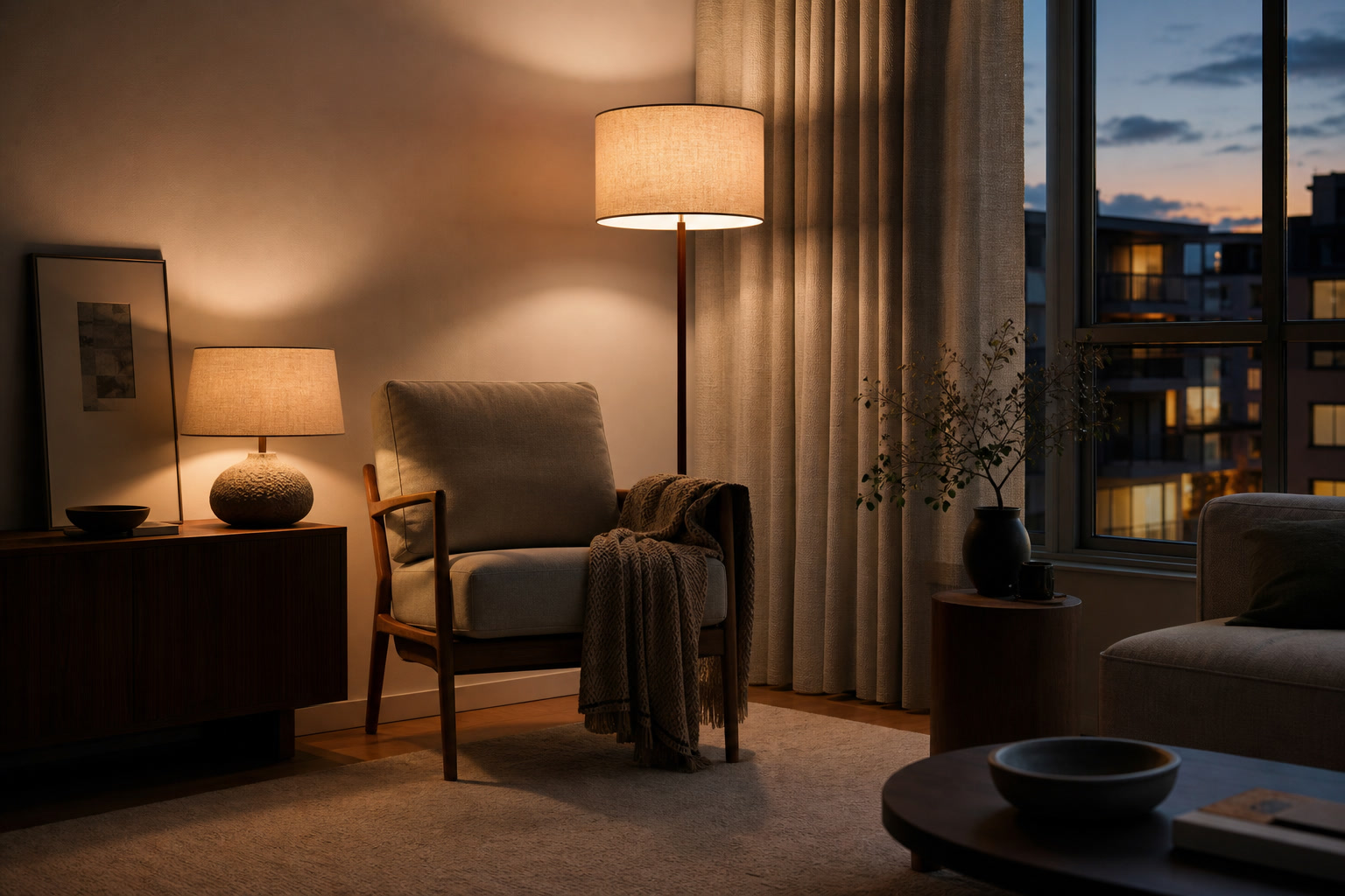 Small flat corner with warm table lamp, chair, and soft shadows