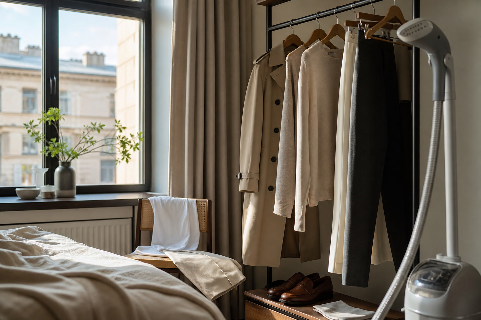 Spring capsule wardrobe rail with light jacket, folded knits, trousers, and a checklist notebook