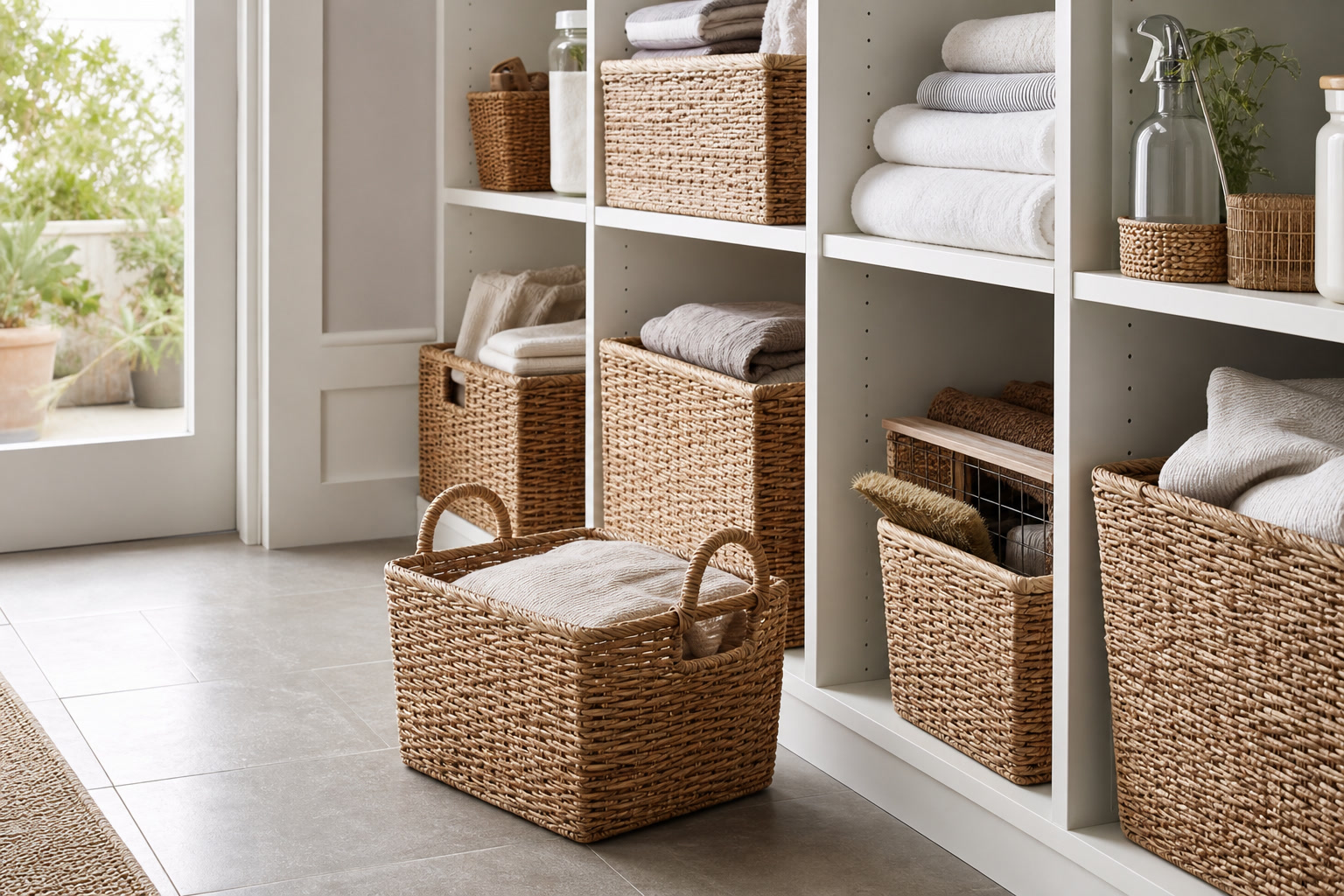 Storage baskets on shelves with folded textiles and label tags