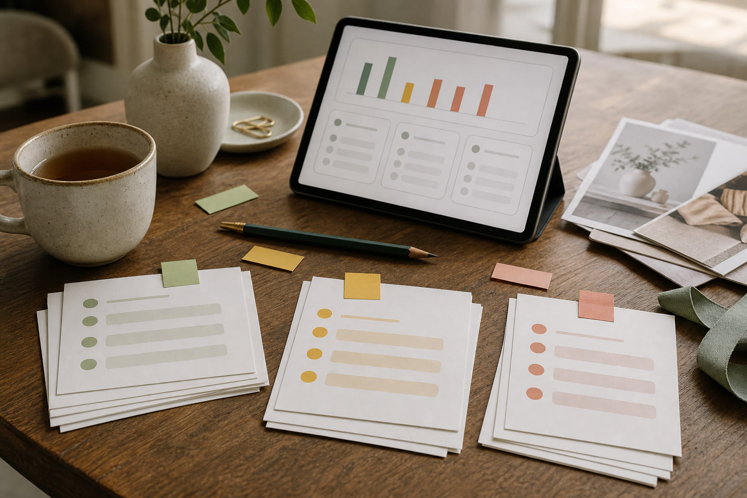Audience research survey board with question drafts, response charts, and launch planning notes